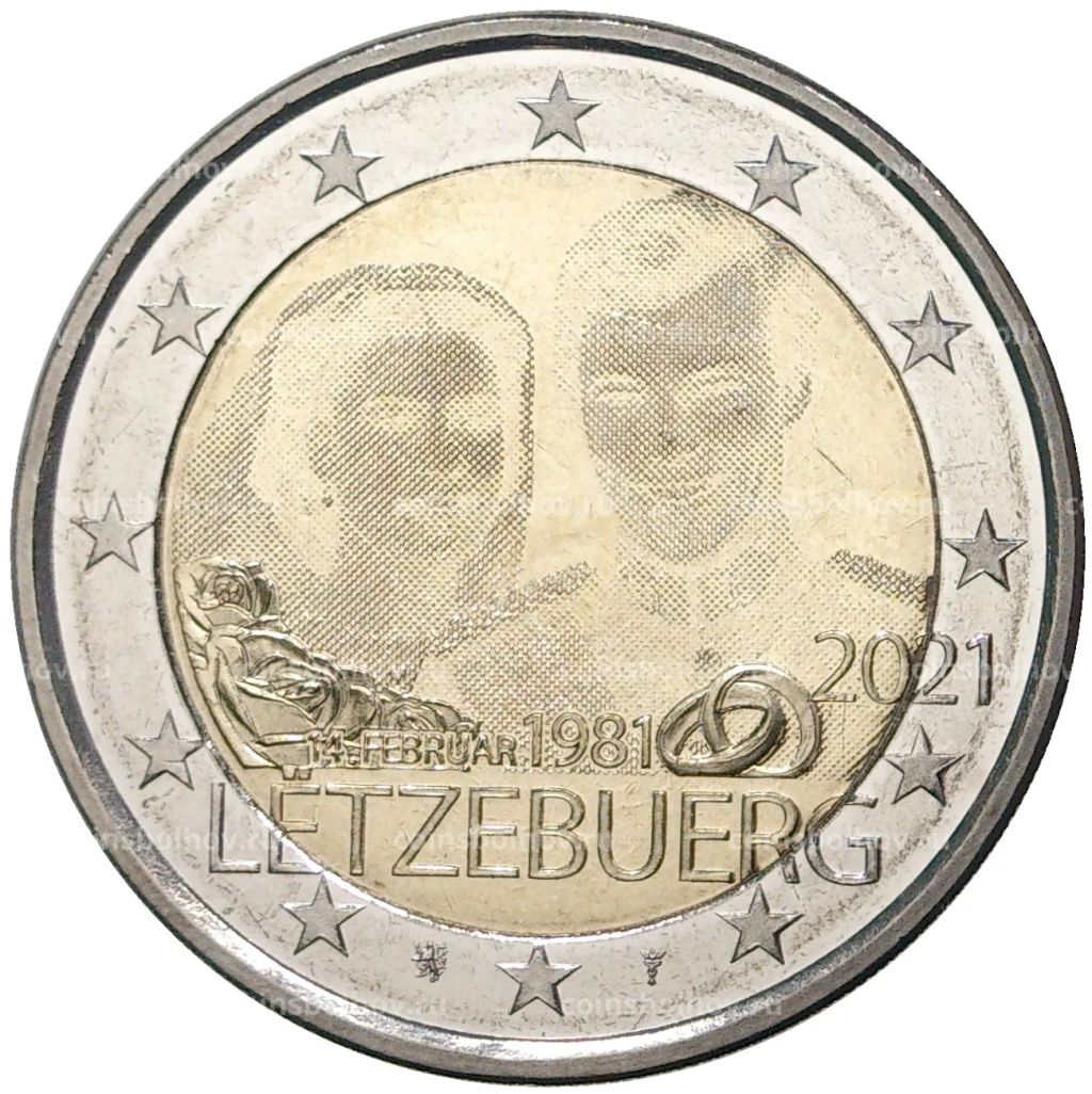 Монета 2 евро 2021 года Люксембург 40 лет бракосочетанию Великого Герцога Анри и Великой Герцогини Марии-Терезы (Плоский чекан лазерная гравировка)