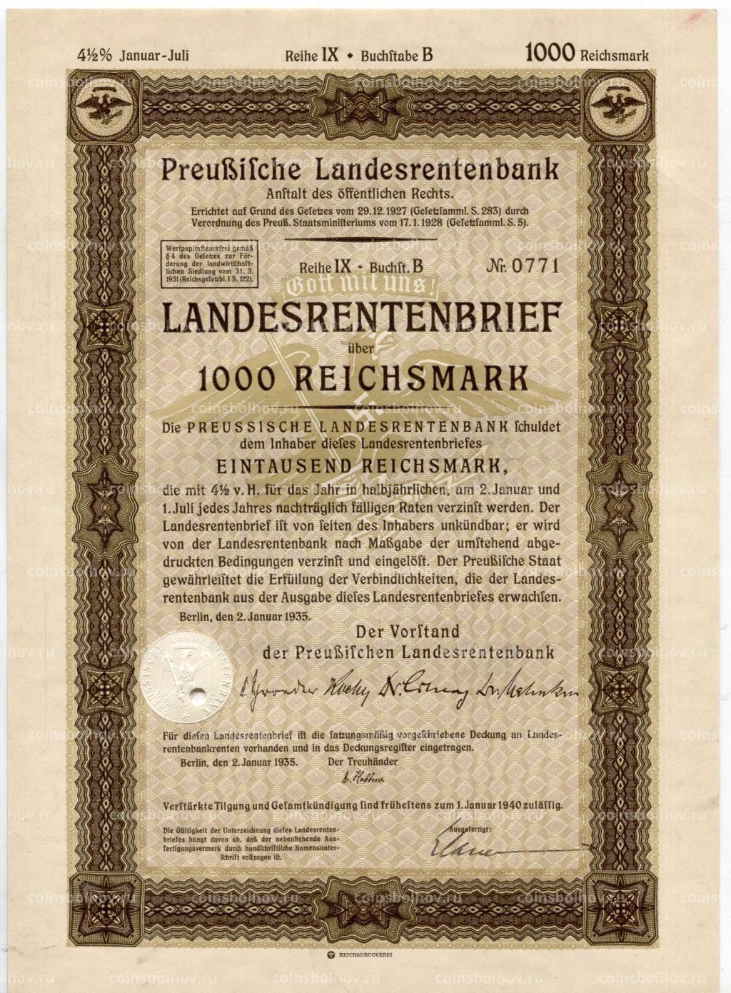 Облигация 4,5% 1000 рейхсмарок 1935 года Германия