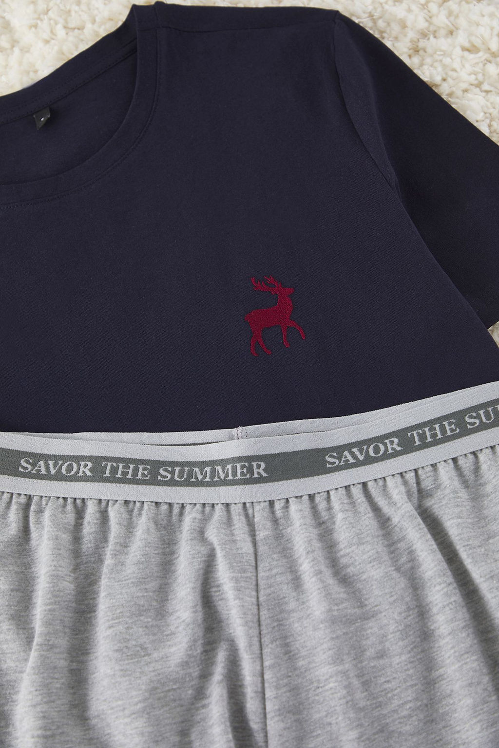 TRENDYOL MAN Gri melanj- Bordo Slim Fit Geyik Nak?sl? Sortlu Orme Pijama Tak?m? TMNSS25PT00070 - Trendyolmilla фото 3