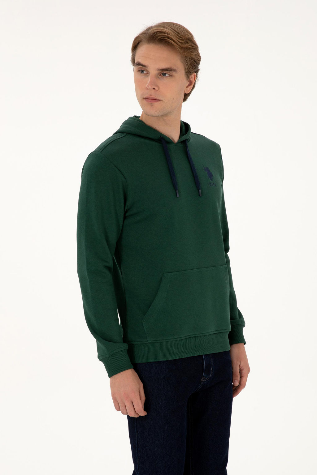 Erkek Regular Fit Kap__onlu Koyu Ye_il Basic Sweatshirt