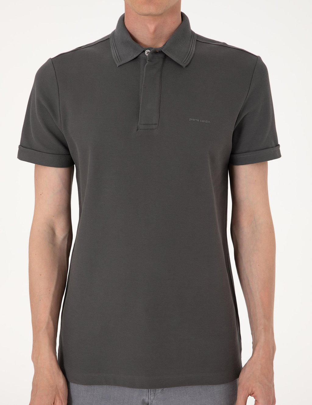 Gri Slim Fit %100 Pamuk K_vr_lmaz Amerikan Pike Polo Yaka Basic Ti__rt