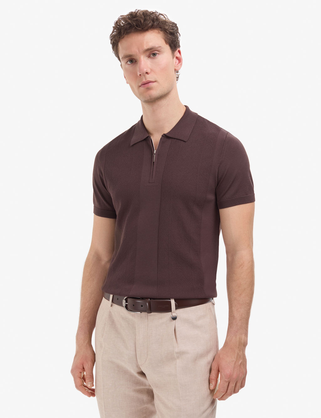 Koyu Kahverengi Slim Fit Polo Yaka Fermuarl_ Triko Ti__rt