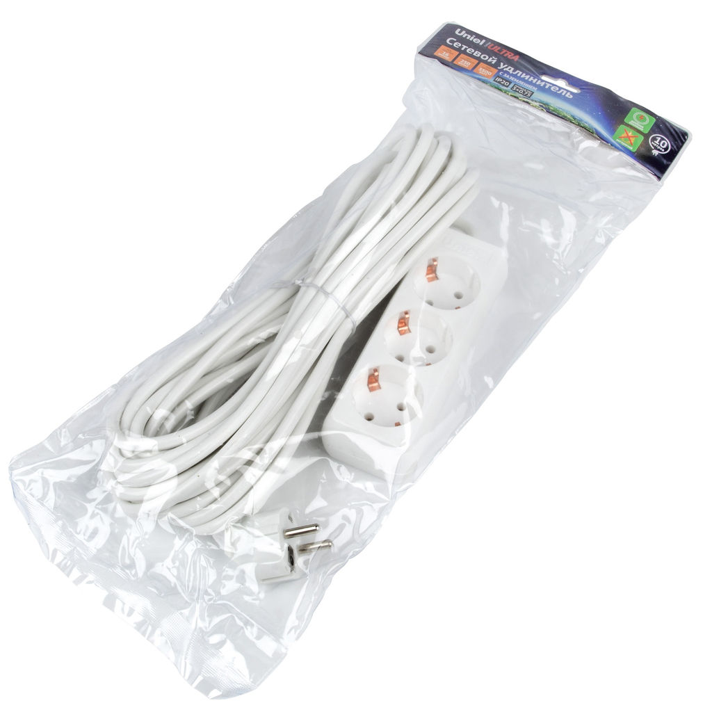 S-GCU3-10 WHITE Удлинитель серии Ultra, шнур 10м., 3 гнезда, 16A, с/з. Белый. TM Uniel