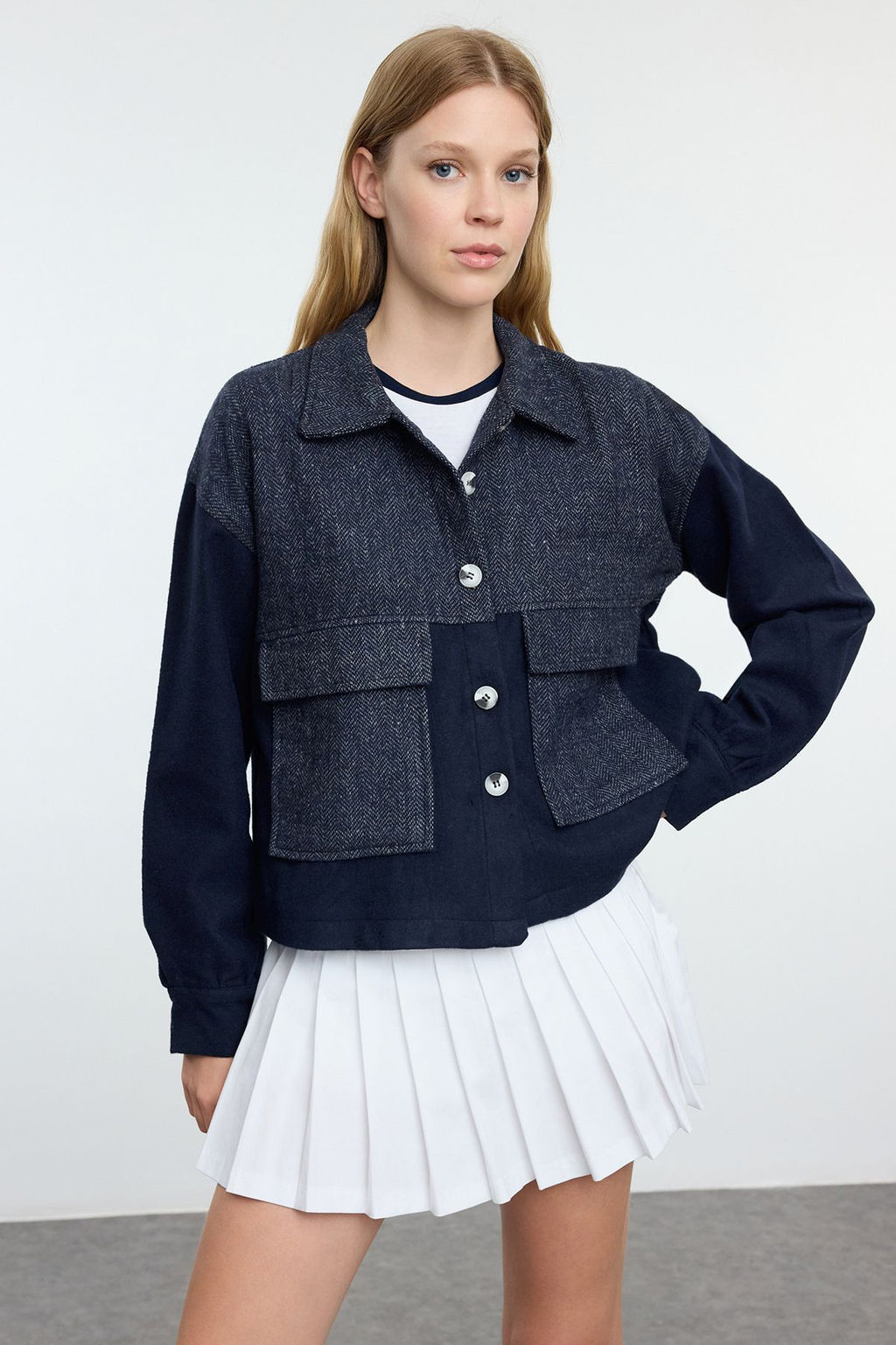 Lacivert Cift Cepli Dokuma Ceket TWOAW24CE00117