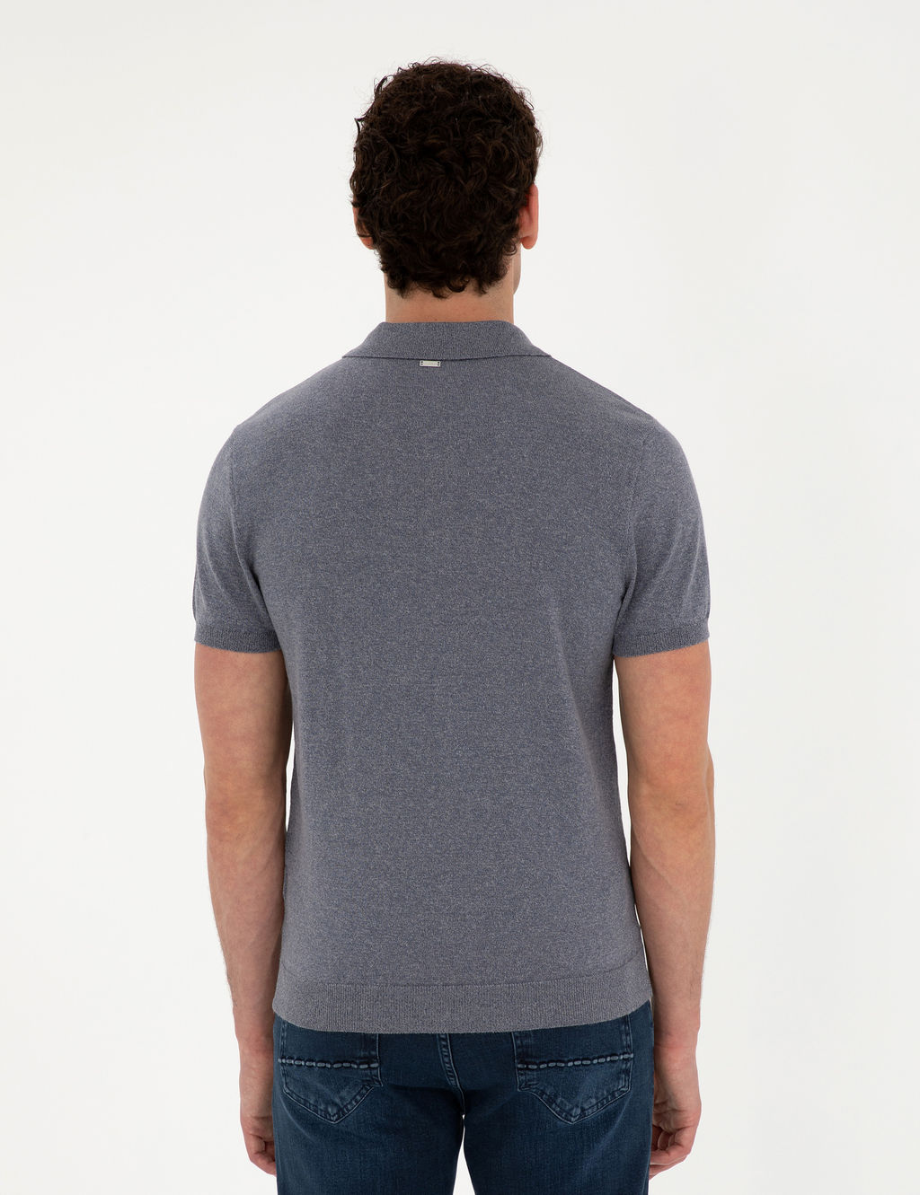 Koyu _ndigo Slim Fit D__meli Polo Yaka Keten Kar___ml_ Triko Ti__rt