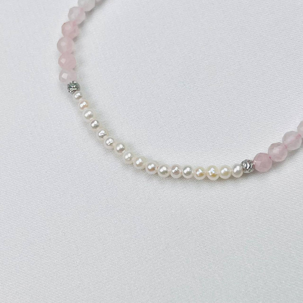 Браслет из Розового кварц а и Жемчуга 18 см +