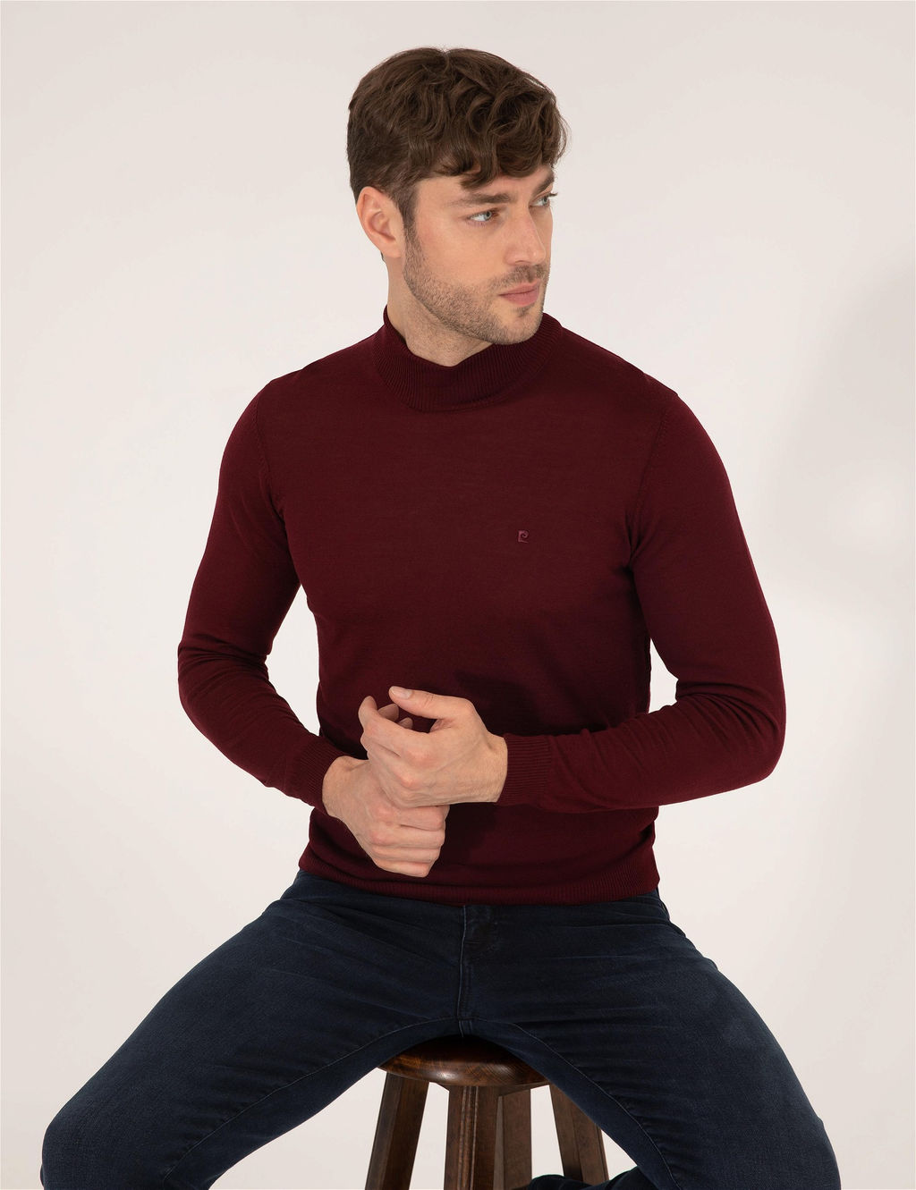 Bordo Slim Fit Yar_m Bal_k__ Yaka Y_n Kar___ml_ Basic Triko Kazak - Pierre cardin фото 3