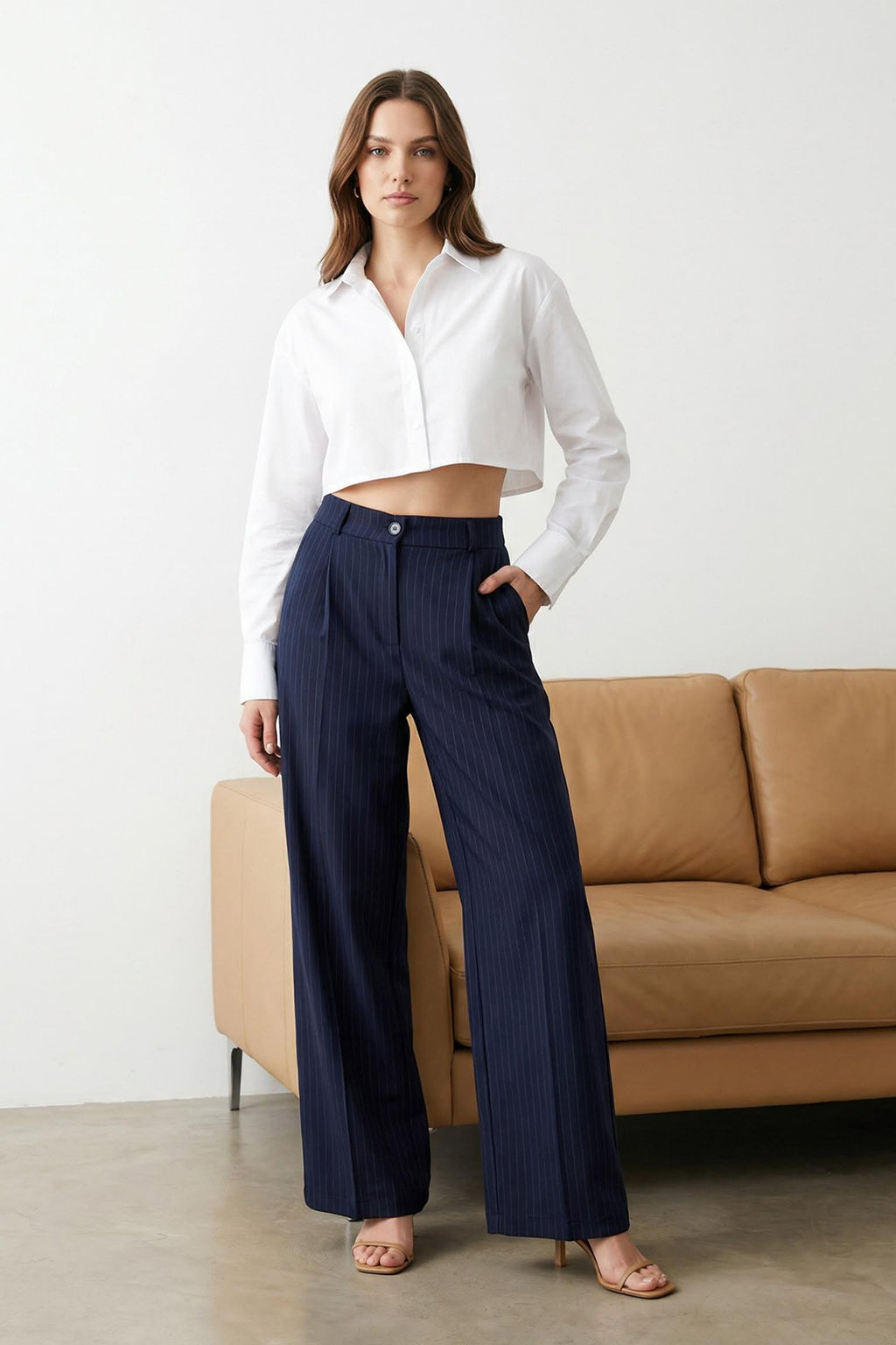TRENDYOLMILLA Vizon Yuksek Bel Wide Leg/Genis Paca Cizgili Dokuma Pantolon TWOSS22PL0100  фото 8