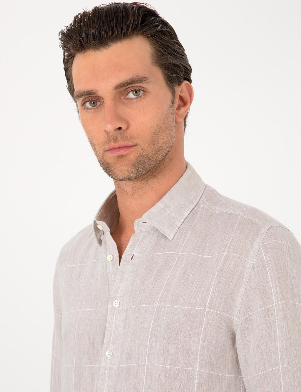 Bej Regular Fit Kareli %100 Keten G_mlek - Cacharel фото 2