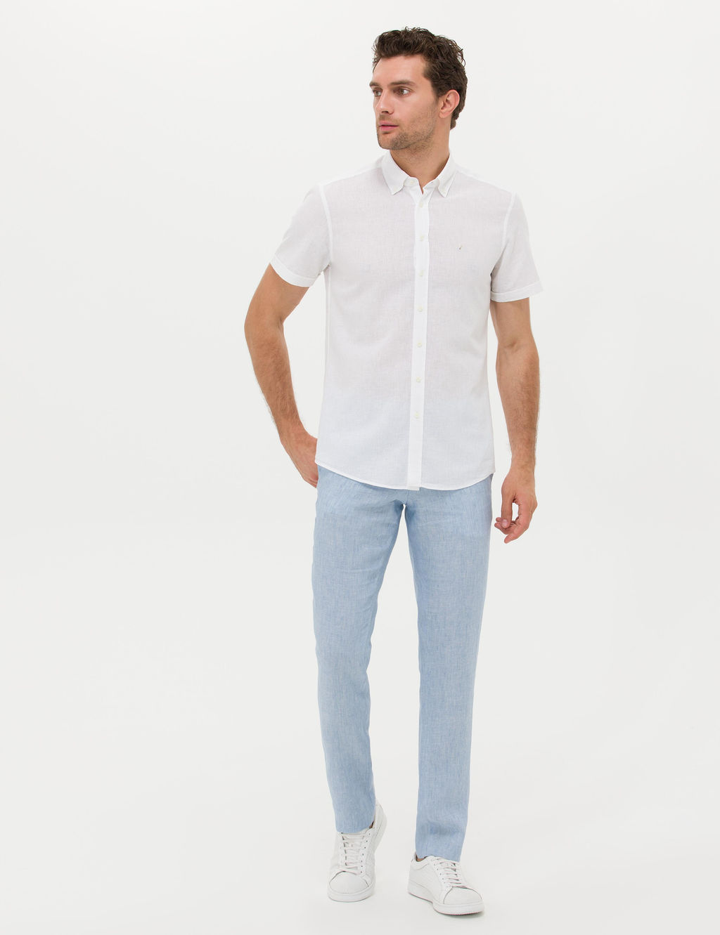 Beyaz Slim Fit Keten Kar___ml_ K_sakol G_mlek