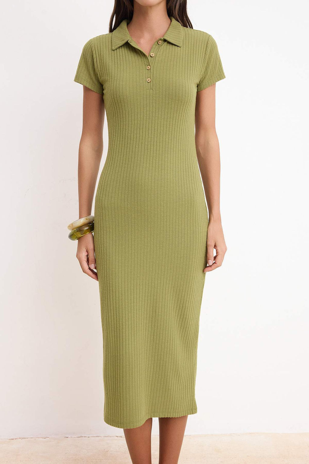 Yag Yesili Fitted/Vucuda Oturan Polo Yaka K?sa Kollu Midi Fitilli Esnek Orme Elbise TWOSS26EL00098 - Trendyolmilla фото 3