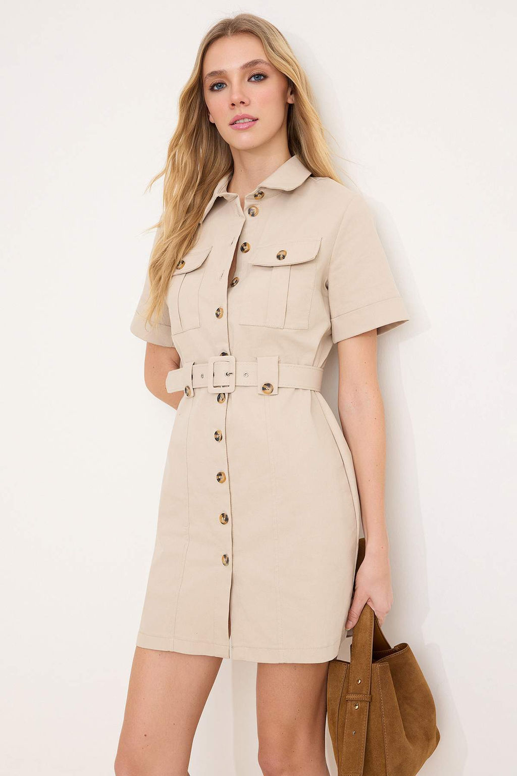 Bej Kemerli Mini Gabardin Dokuma Gomlek Elbise TWOSS26EL00117