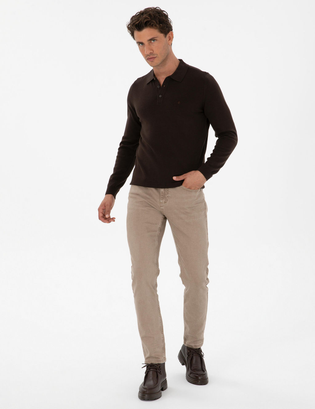Koyu Kahverengi Slim Fit Polo Yaka Basic Triko Kazak - Pierre cardin фото 4