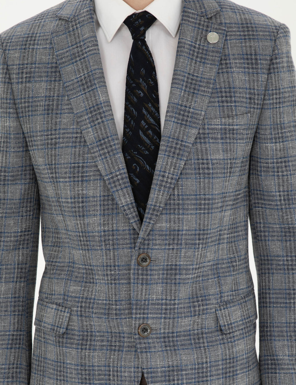 Gri Ex. Slim Fit Y_n Kar___ml_ Ekose Ceket