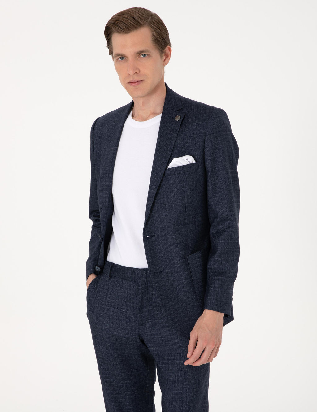 Lacivert Ex. Slim Fit Y_n Kar___ml_ Ekose Tak_m Elbise