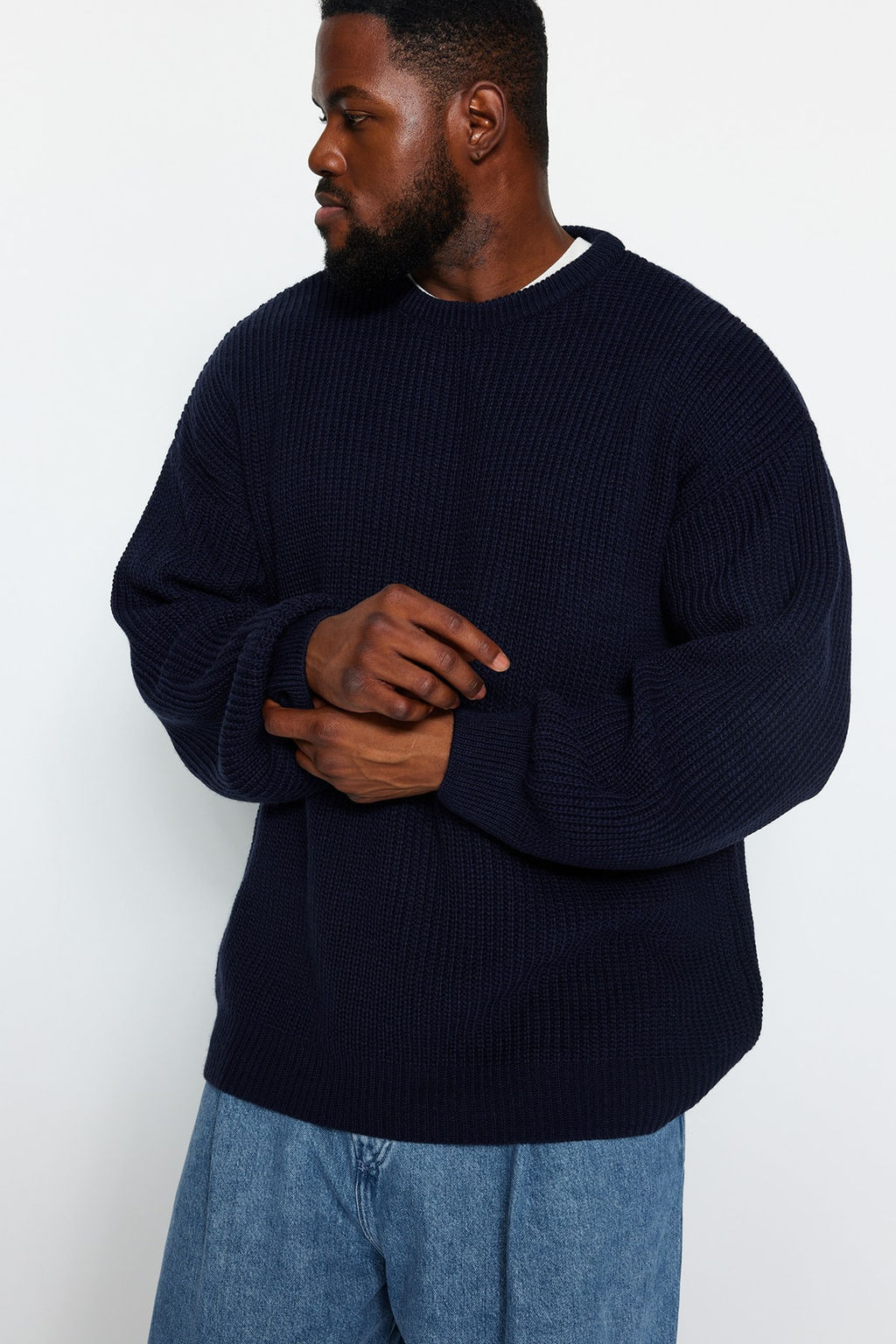 TRENDYOL MAN Lacivert Buyuk Beden Oversize Fit Genis Kal?p Bisiklet Yaka Basic Triko Kazak TMNAW24AN00001 - Trendyolmilla фото 3