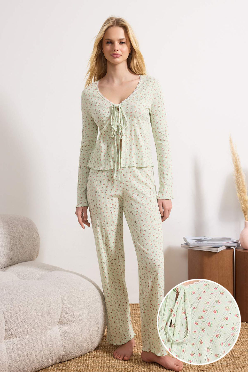 Kahverengi %100 Pamuklu Cicek Desenli Fitilli/Pointel Orme Pijama Tak?m? THMSS26PT00067 - Trendyolmilla фото 10