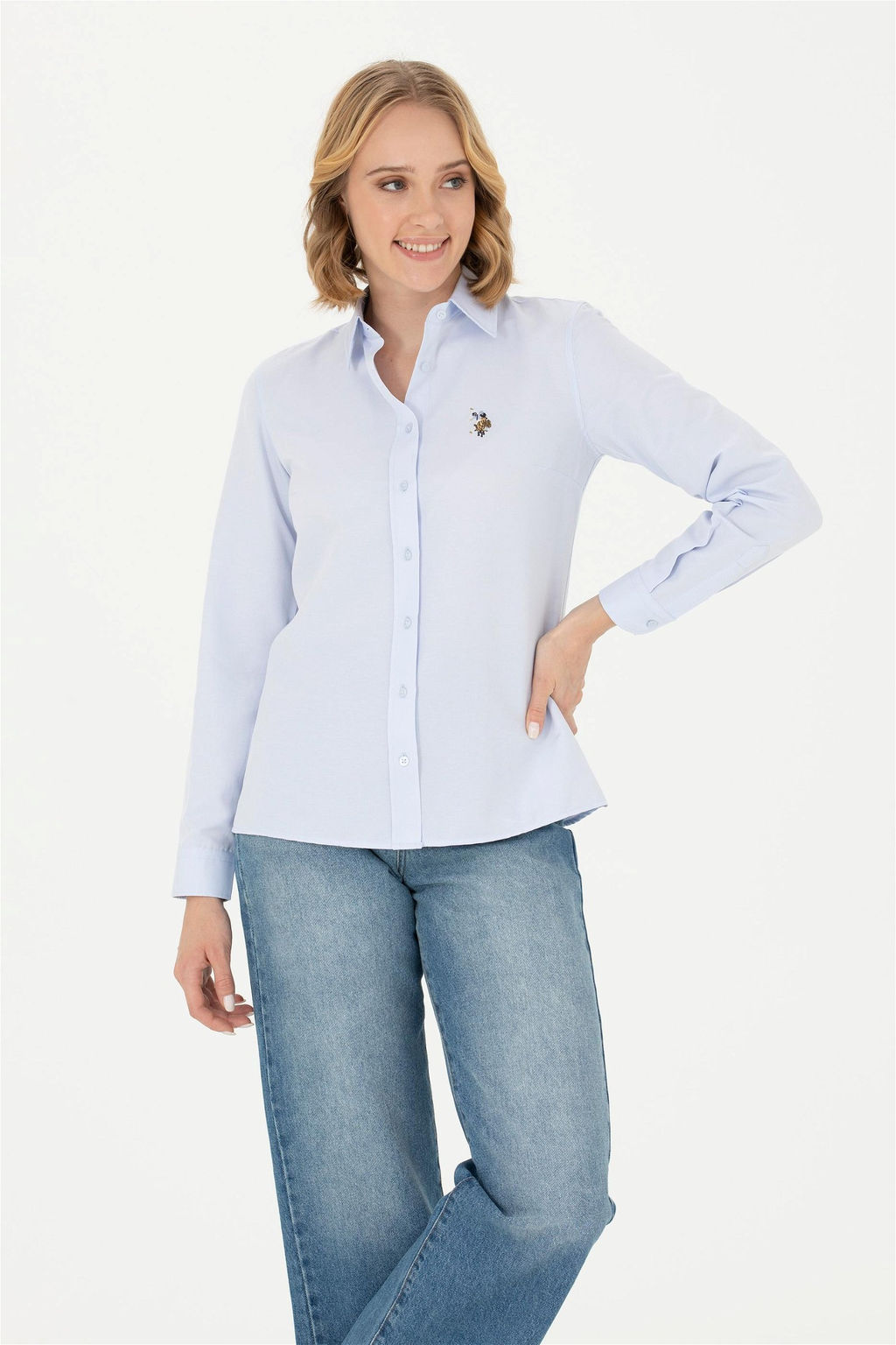 Женская голубая базовая рубашка с длинным рукавом - U.s. polo assn фото 10