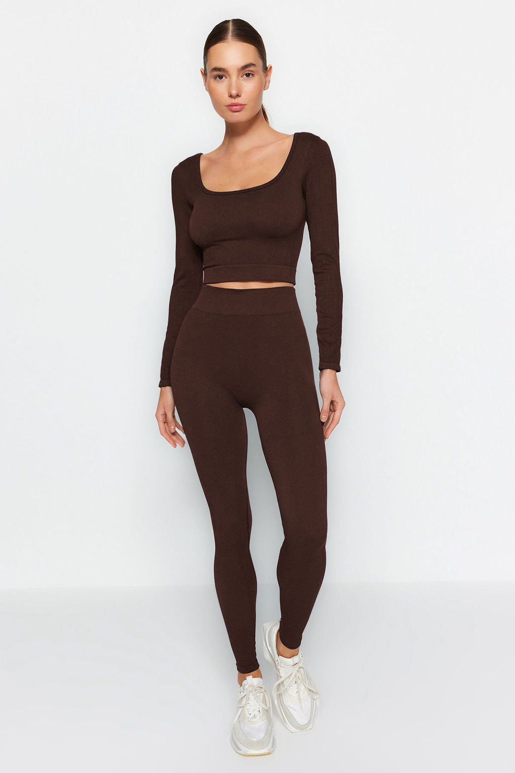 Koyu Kahverengi Seamless/Dikissiz Tam Boy Orme Spor Tayt TWOAW20TA0071