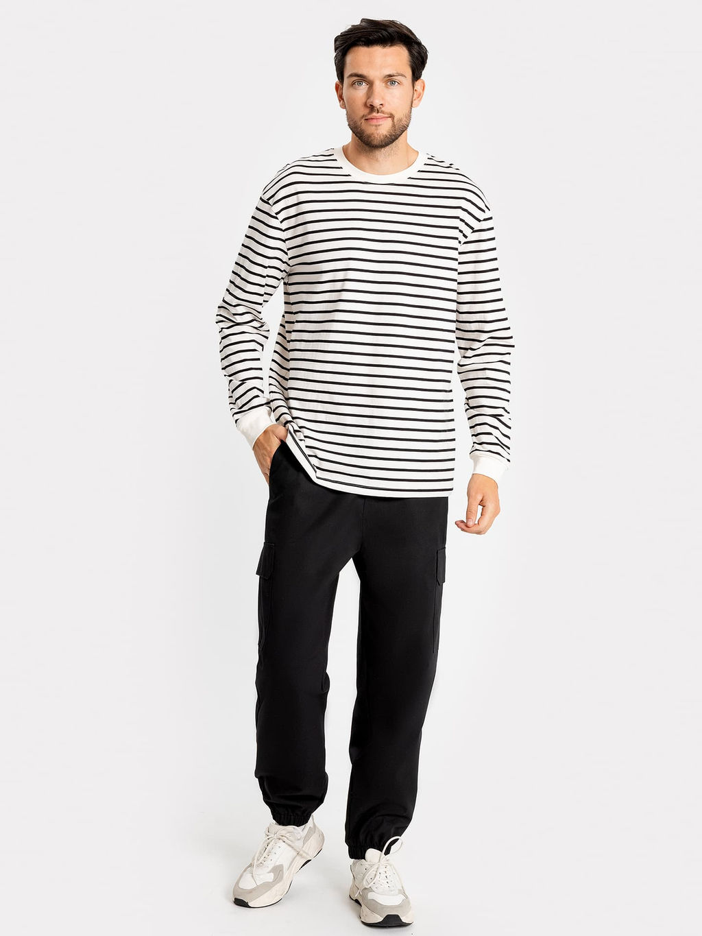 Лонгслив мужской молочный в черную полоску молочно -черная полоска1 121811 - Mark formelle фото 2