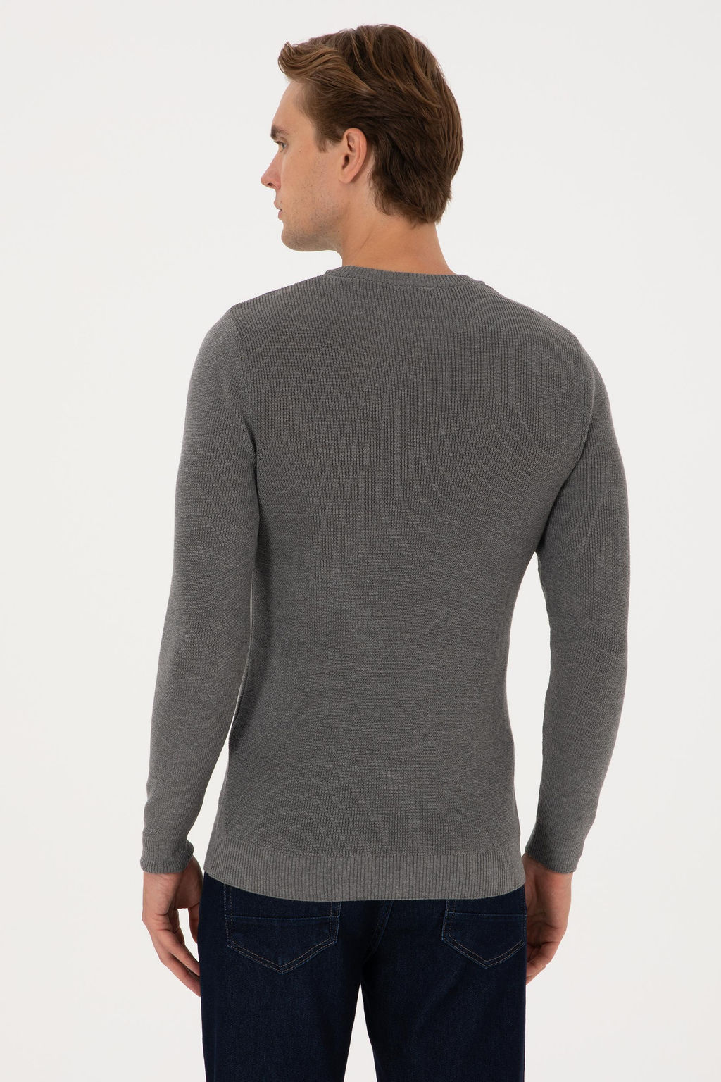 Erkek Slim Fit Bisiklet Yaka Gri Melanj Basic Kazak - U.s. polo assn фото 5