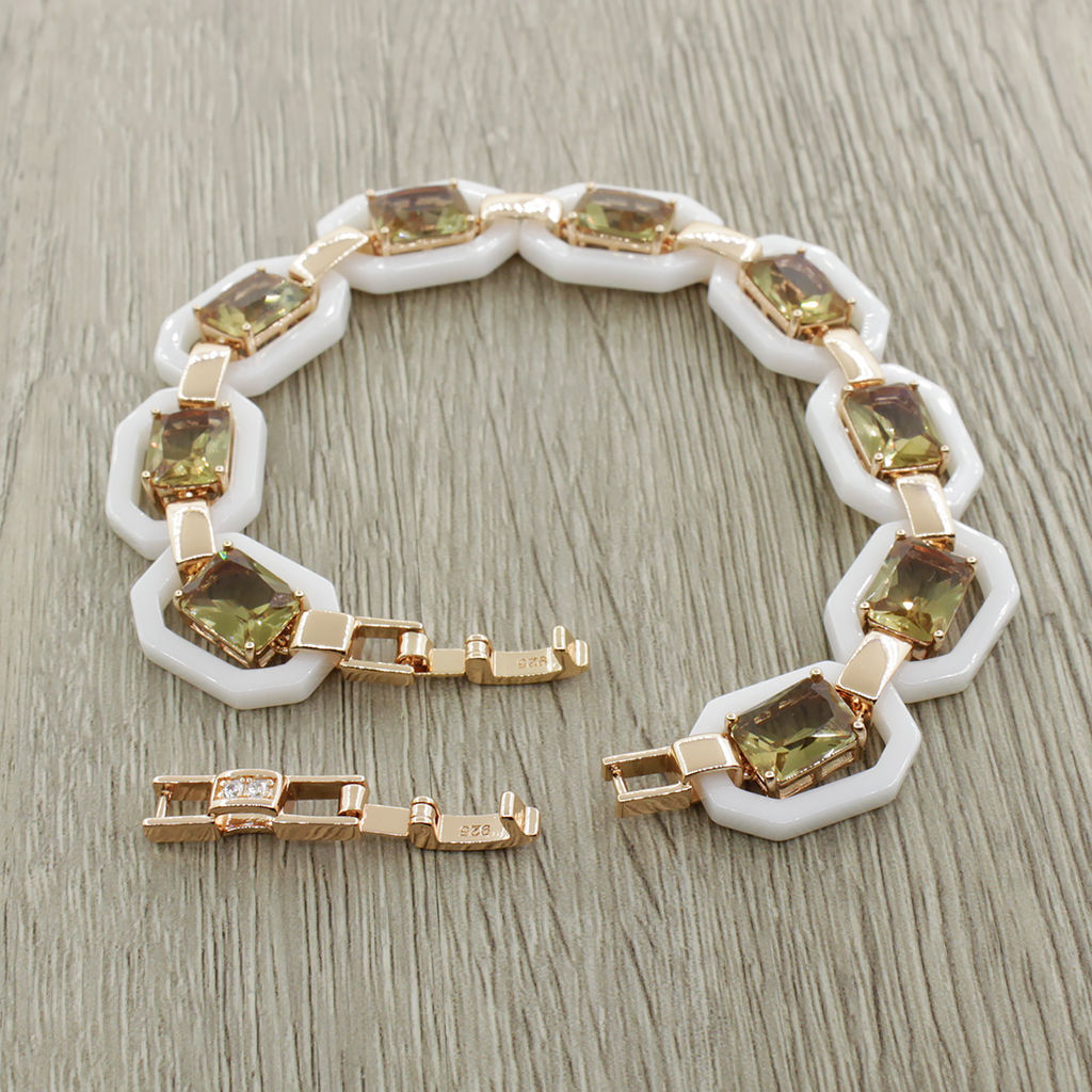 Браслет Октагон из белой керамики с Султанитом, покрытие под золото, длина 18см - Agat77 фото 3