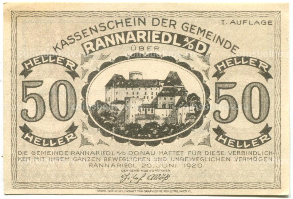 50 геллеров 1920 года Австрия Раннариедль (нотгельд)