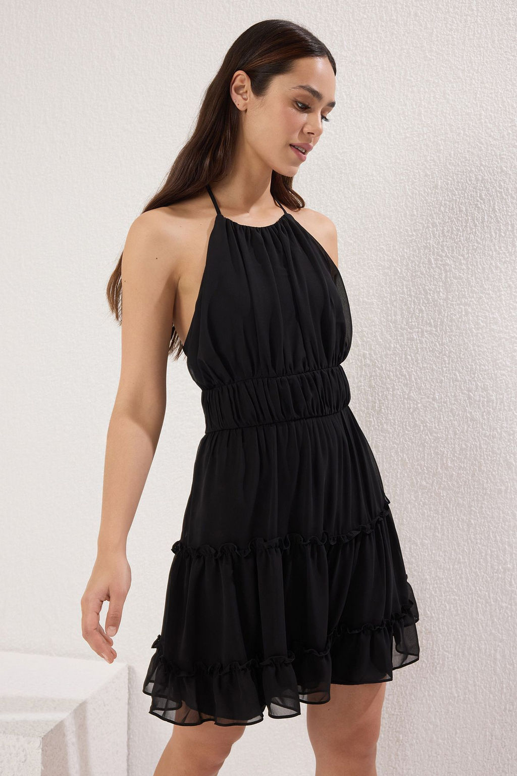 TRENDYOLMILLA Pembe Etegi Belden Ac?lan Desenli Mini Dokuma Elbise TWOSS25EL00415