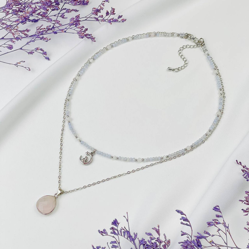 Колье двойное из Голубого агата Халцедон и Розового кварца