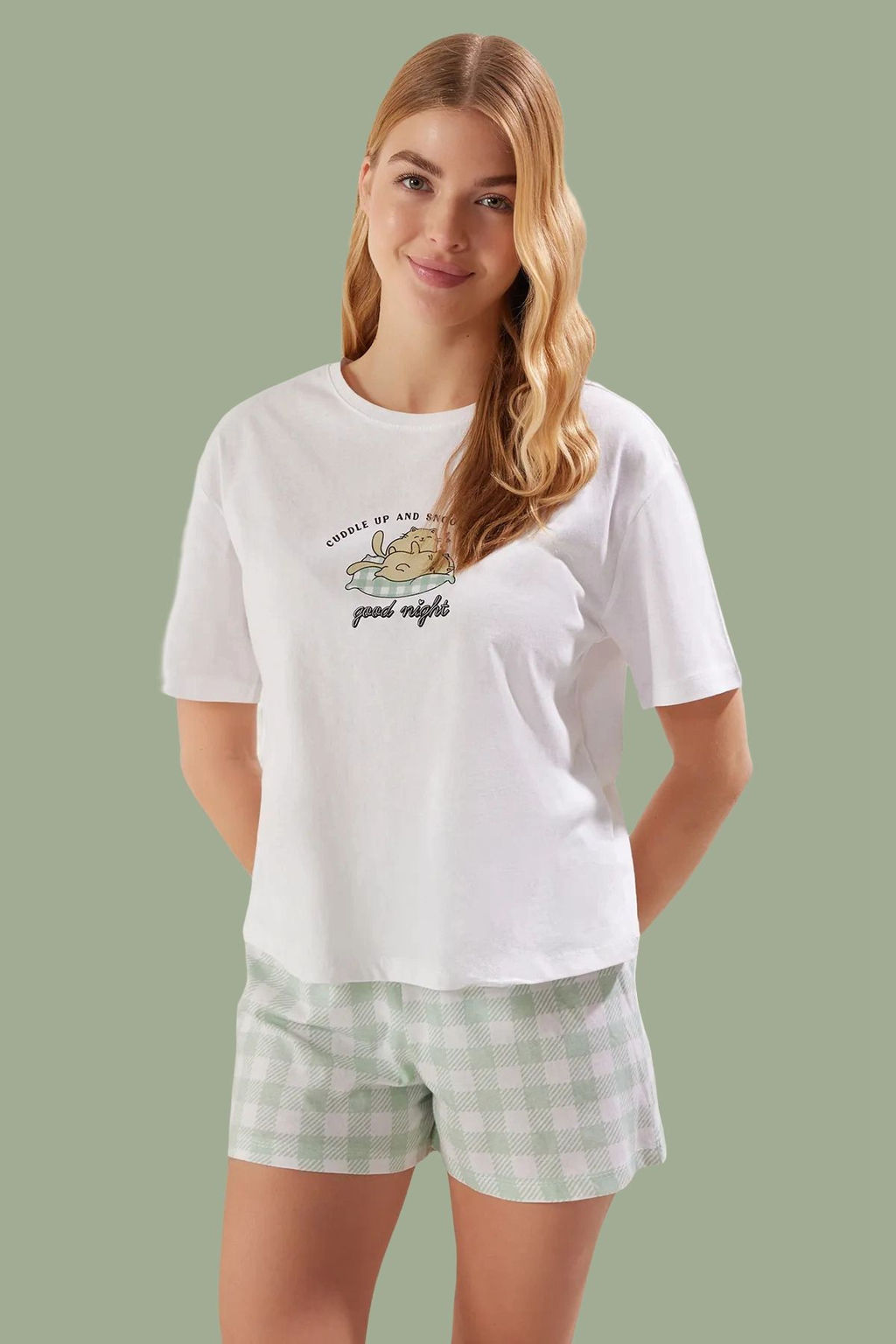 Trendyolmilla Mint %100 Pamuklu Ekoseli Sortlu Orme Pijama Tak?m? THMSS25PT00182  фото 2