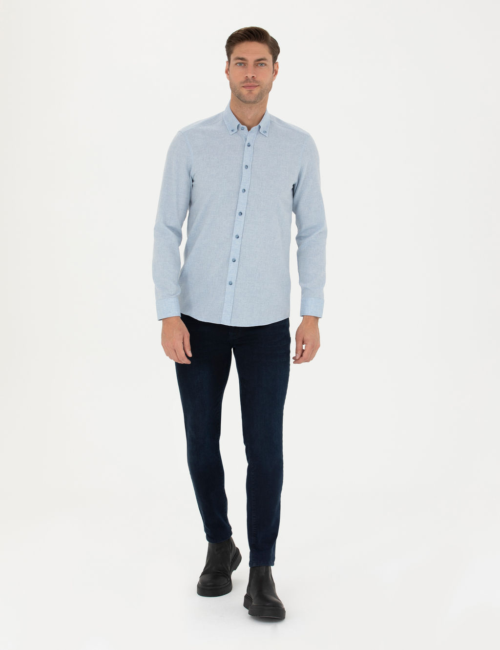 A__k Mavi Slim Fit Uzun Kollu G_mlek