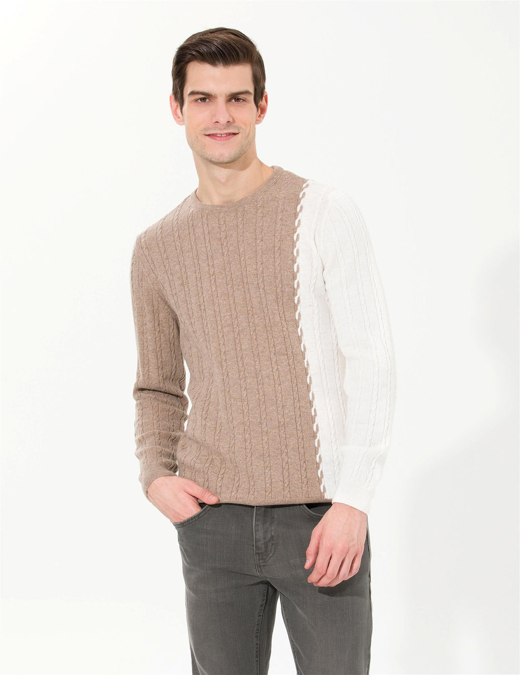 Vizon Melanj Slim Fit Bisiklet Yaka Y_n Kar___ml_ Triko Kazak