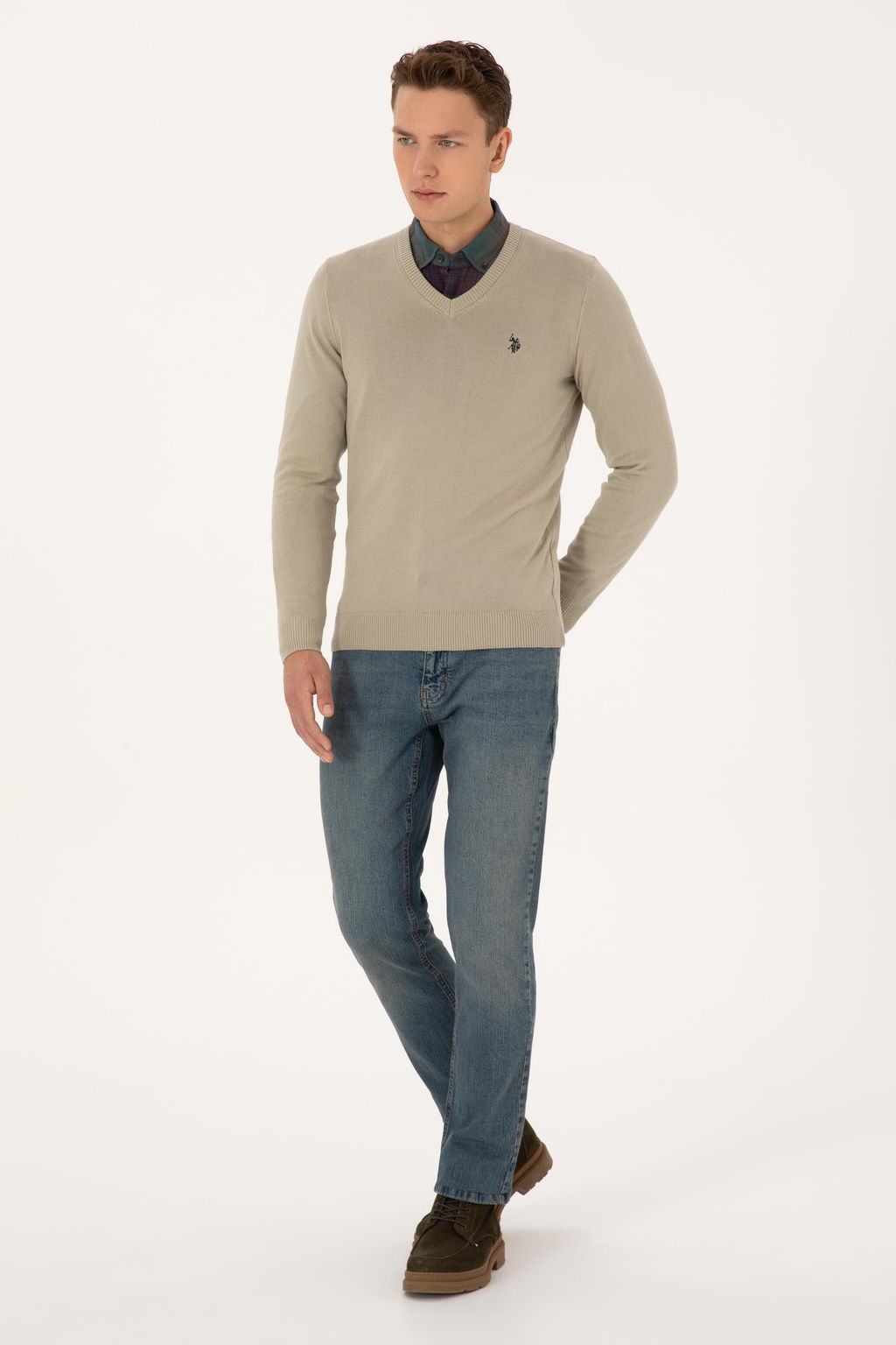 Erkek Slim Fit V Yaka Haki Melanj Basic Triko Kazak - U.s. polo assn фото 4