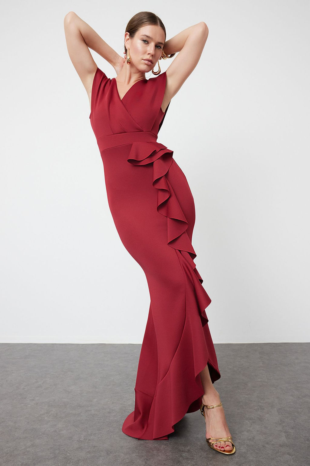 Bordo F?rf?r Detayl? Dokuma Uzun S?k Abiye Elbise TPRSS24AE00251 - Trendyolmilla фото 2