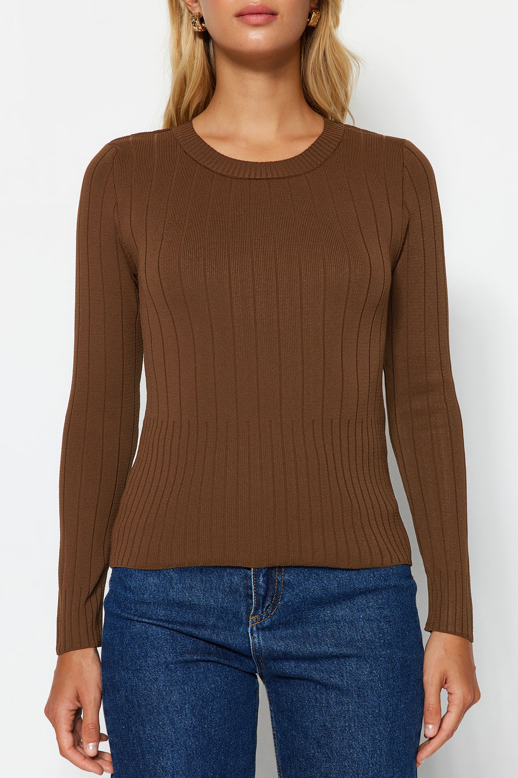 Kahverengi Basic Bisiklet Yaka Triko Kazak TWOAW23KZ01249