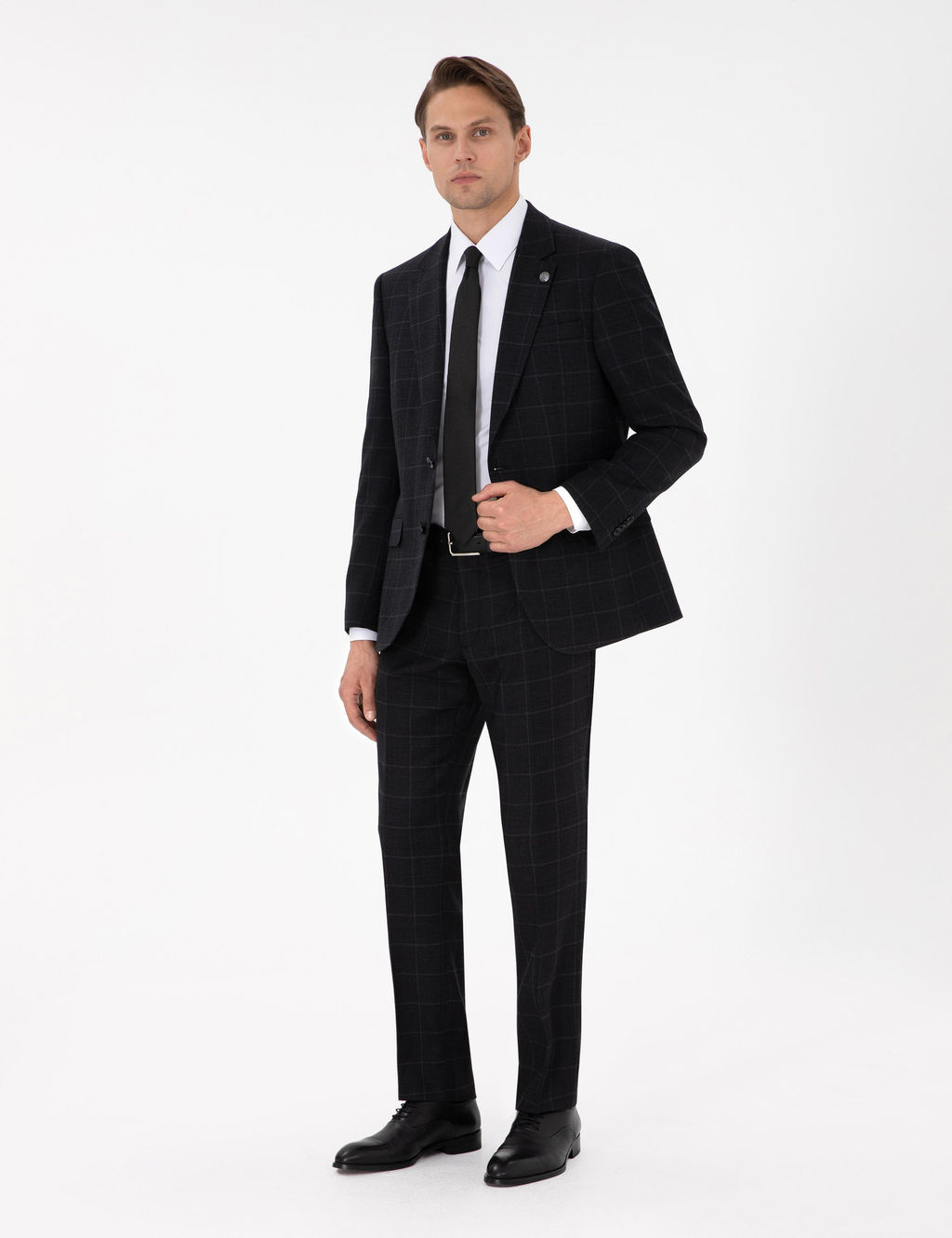 Siyah Slim Fit Ekose Y_nl_ Tak_m Elbise