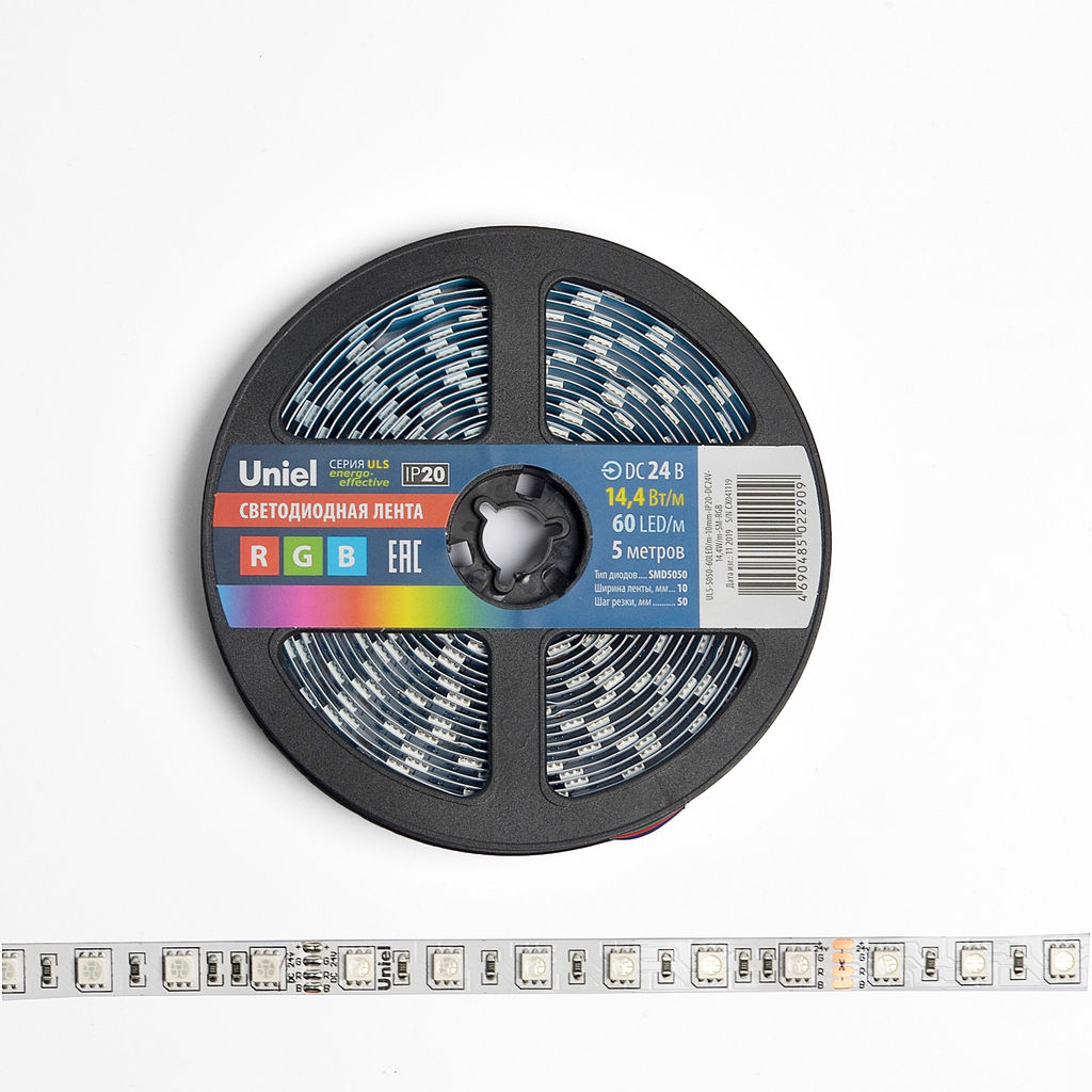 ULS-5050-60LED/m-10mm-IP20-DC24V-14,4W/m-5M-RGB Гибкая светодиодная лента UNIEL на самоклеящейся основе. Упаковка - катушка 5 м. в герметичной упаковке. IP20. Угол излучения 120 . Мультиколор.
