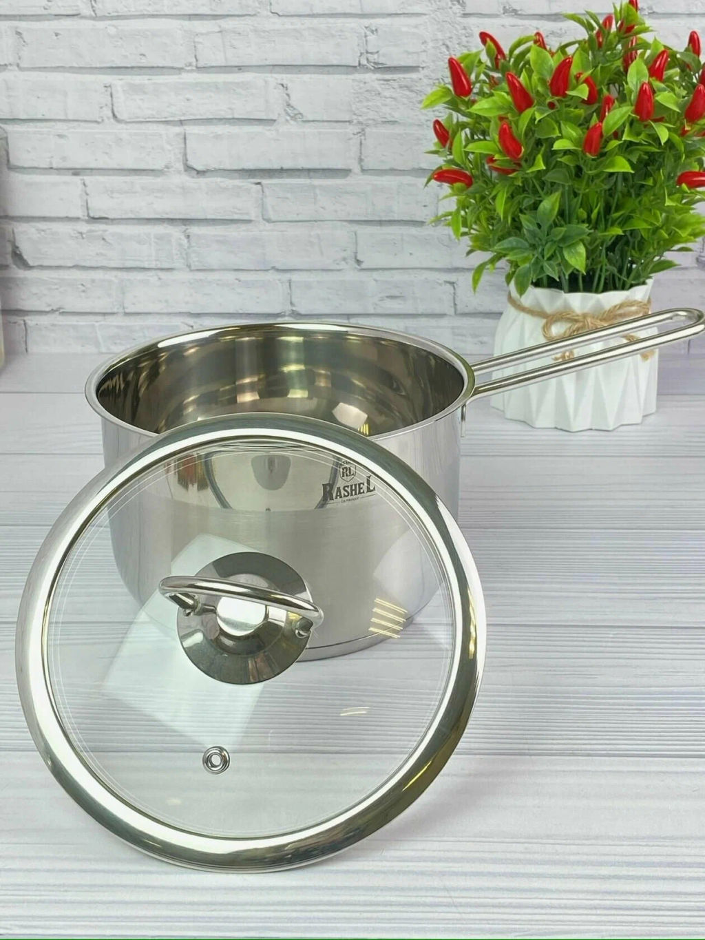 Ковш 1л из нержавеющей стали со стекл. кр., 14см х7,5 см R-10/10 /RASHEL/  фото 3