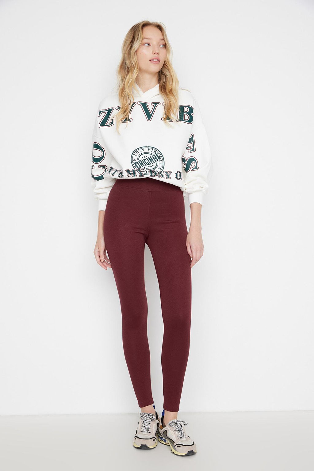 Bordo Toparlay?c? Beli Lastikli Yuksek Bel Esnek Orme Tayt TWOAW20TA0087