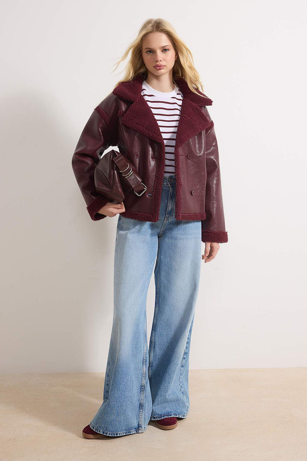 Bordo Pelus Detayl? Suni Deri Biker Ceket Mont TWOAW25MO00066 - Trendyolmilla фото 15