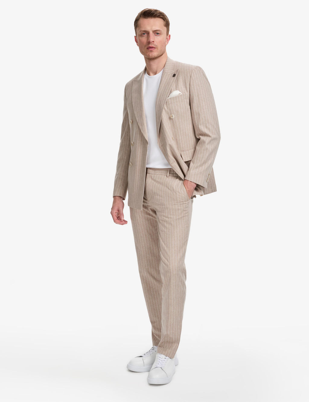 A__k Kahverengi Ex. Slim Fit Keten Kar___ml_ _izgili Kruvaze Tak_m Elbise