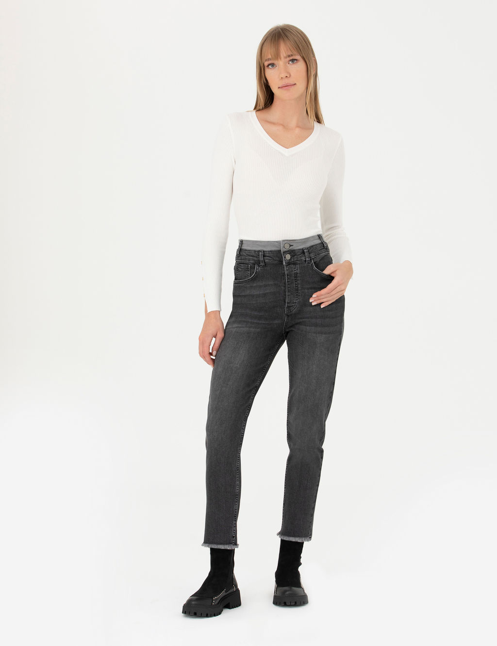 Antrasit Mom High Waist Fit Jean Pantolon