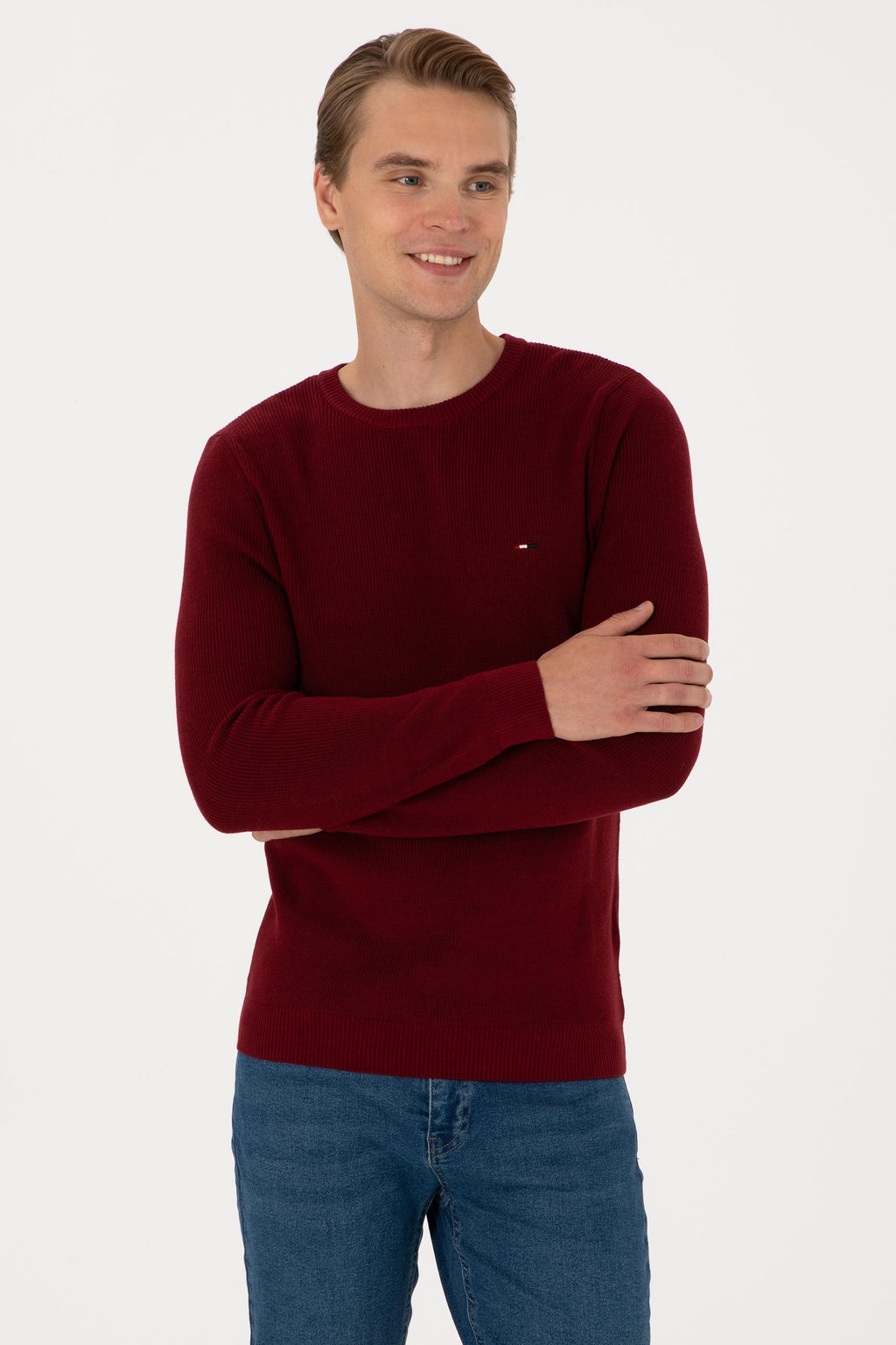 Erkek Slim Fit Bisiklet Yaka Bordo Basic Kazak - U.s. polo assn фото 3