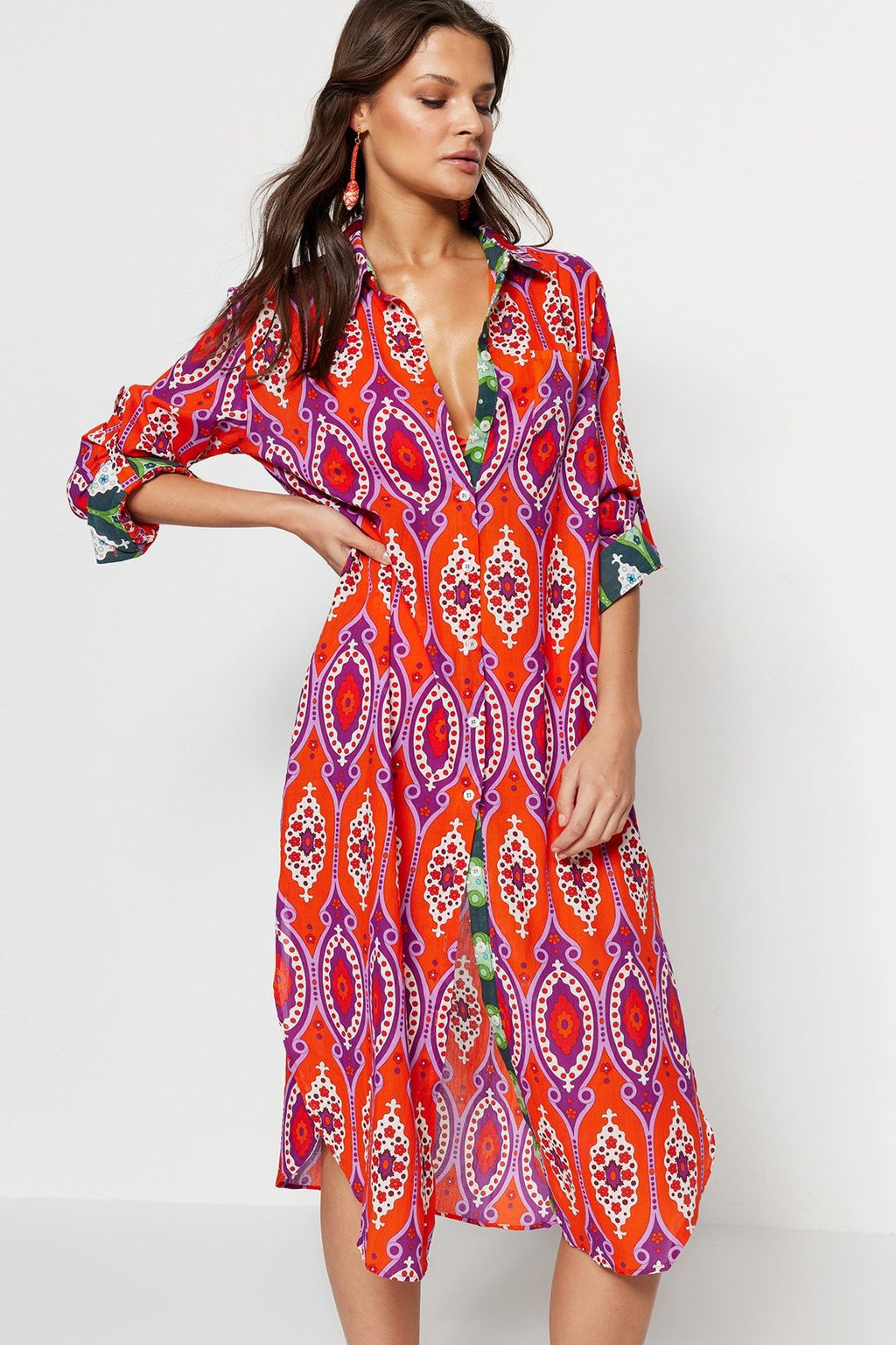 Etnik Desenli Midi Dokuma %100 Pamuklu Plaj Kimono&Kaftan TBESS20KM0017 - Trendyolmilla фото 3