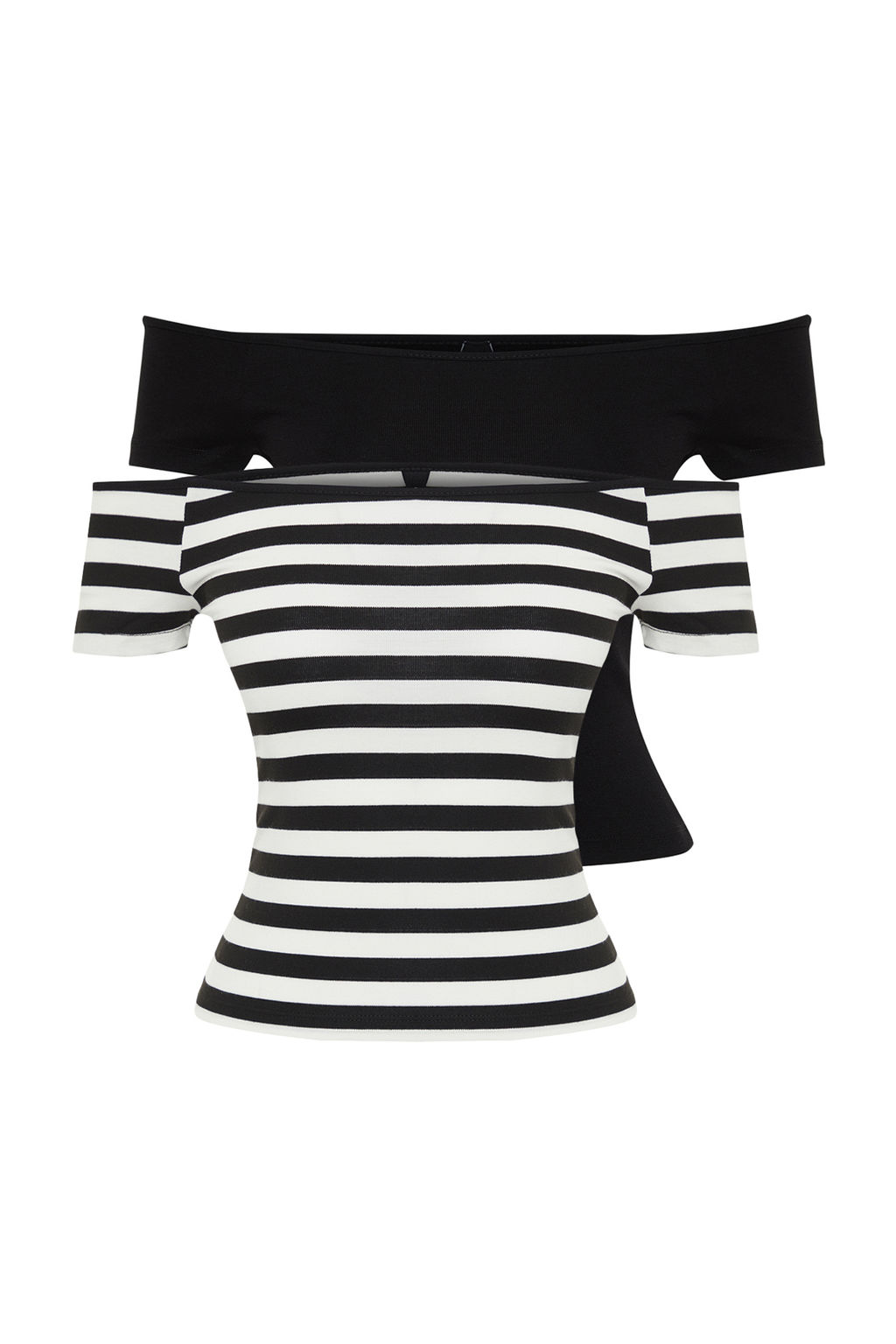 Trendyolmilla 2li Paket Siyah Beyaz Cizgili-Siyah Duz Carmen Yaka Crop Esnek Orme Bluz TWOSS24BZ00310  фото 6