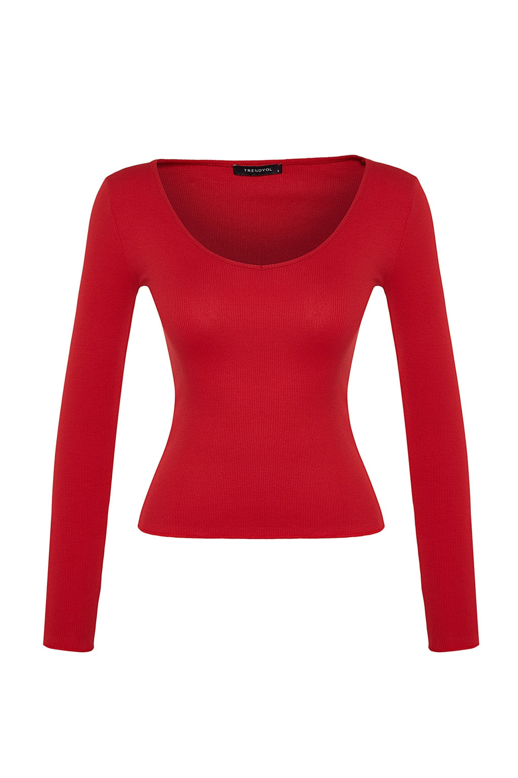 Siyah-K?rm?z? 2li Paket V Yaka Fitted/Vucuda Oturan Pamuklu Esnek Orme Bluz TWOAW24BZ00068