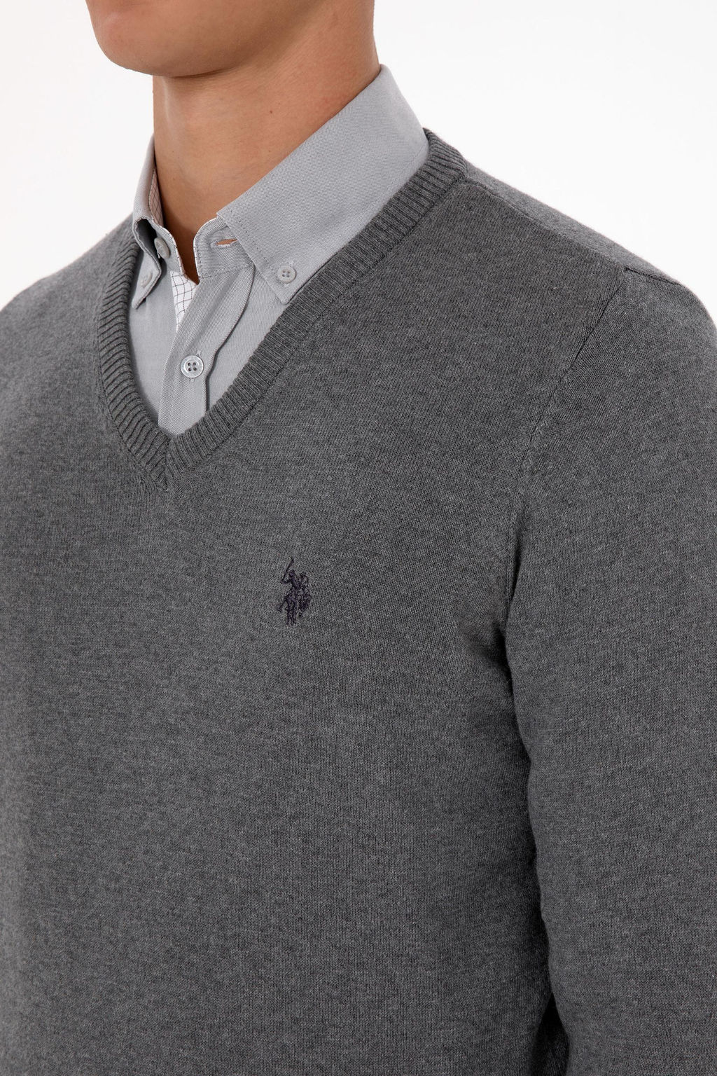 Erkek Slim Fit V Yaka Gri Melanj Basic Triko Kazak - U.s. polo assn фото 7
