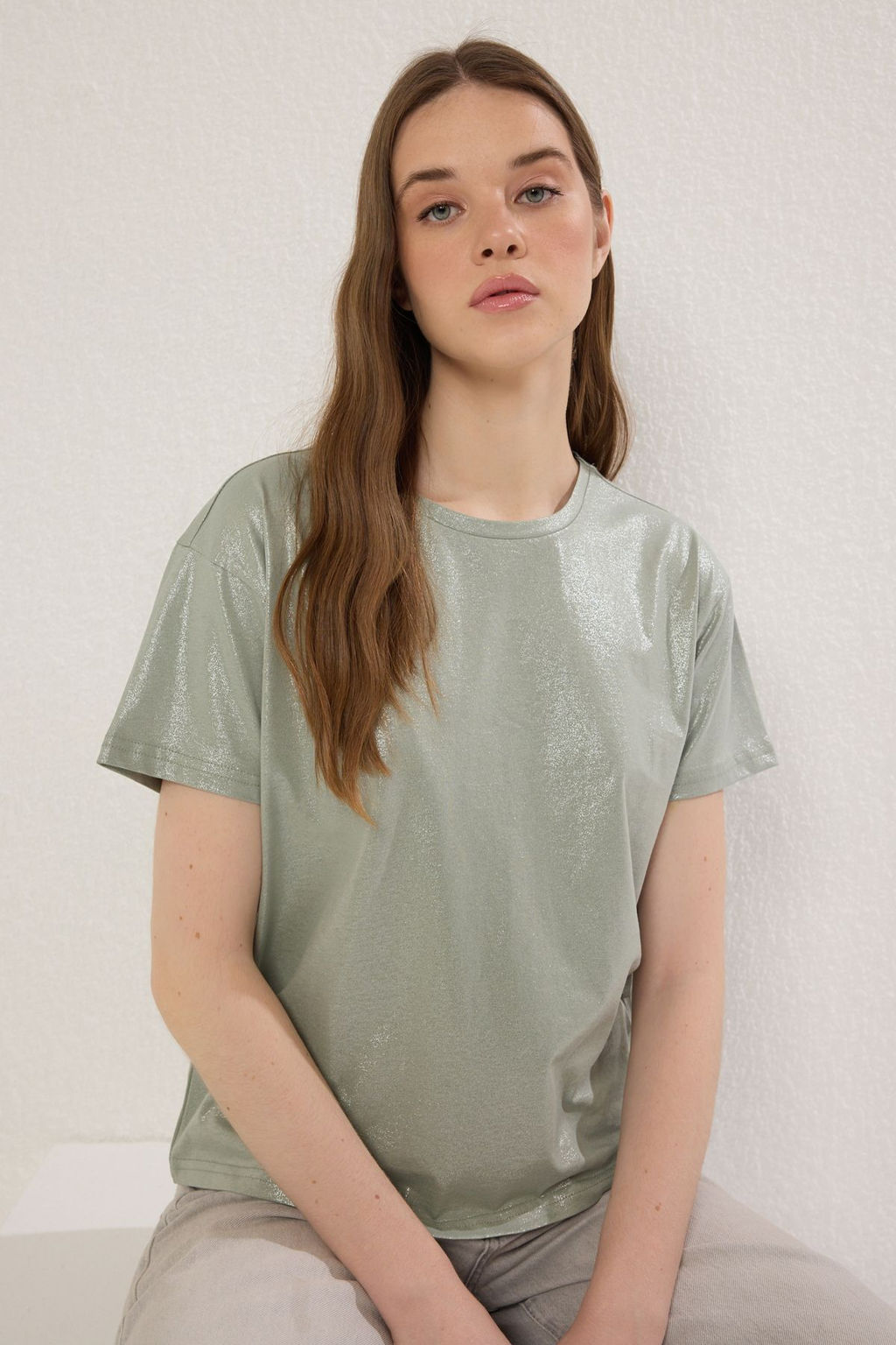 Trendyolmilla Alt?n Varak Bask?l? Regular/Normal Kal?p Orme Bluz TWOSS24BZ00097  фото 2