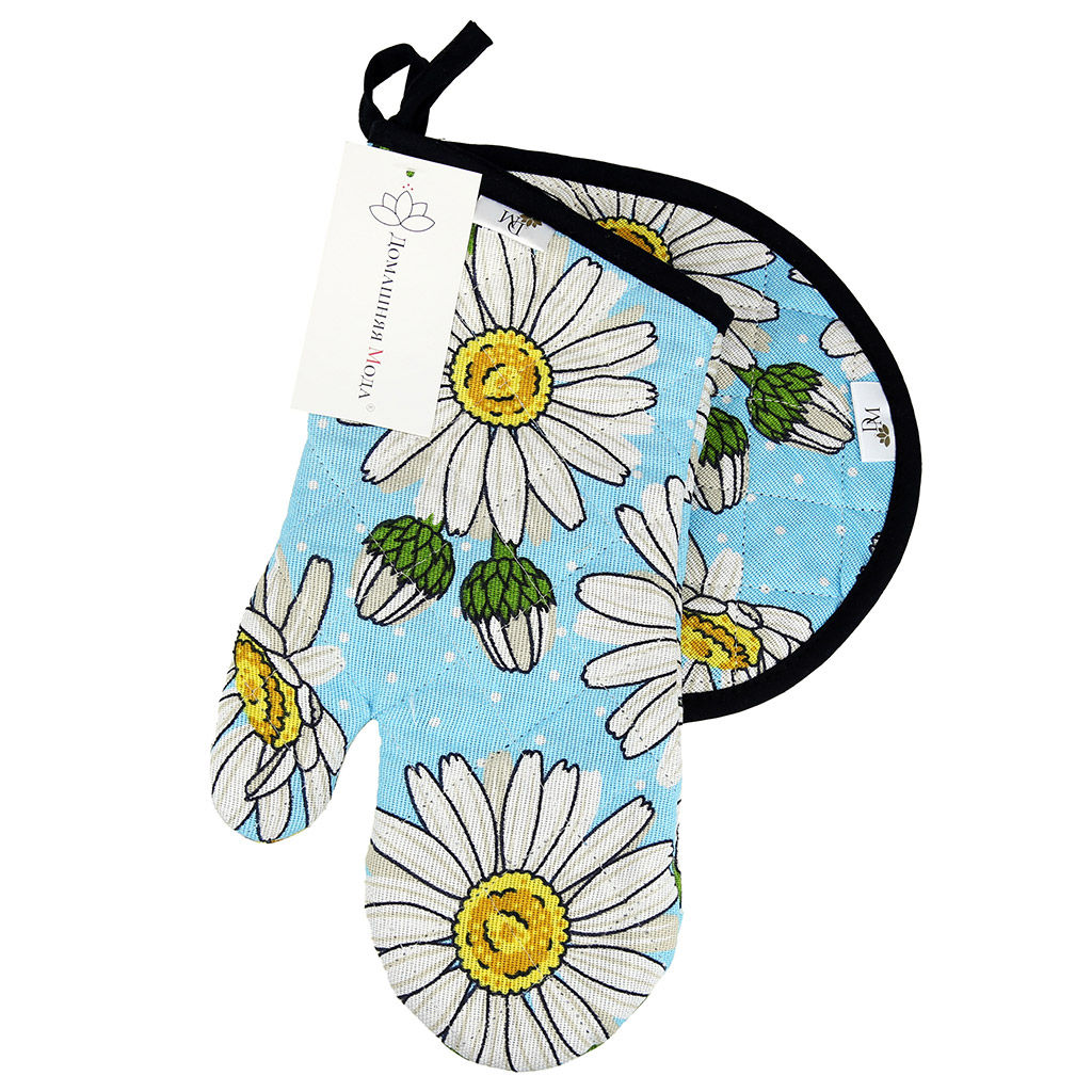 Кухонный комплект Душистая ромашка, вид 4: прихватка-варежка 15х30см + прихватка 20х25см форма Капелька, рогожка 171г/м2, хлопок 100%, наполнитель - ватин 280г/м2, на пластмассовом подвесе, Домашняя мода (Россия)  фото 4