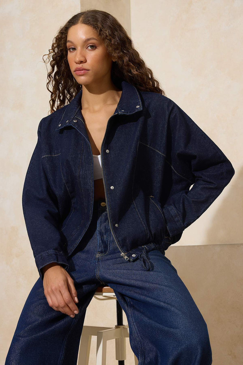 Koyu Mavi Dik Yaka Bomber Denim Ceket TWOSS26CE00003 - Trendyolmilla фото 7